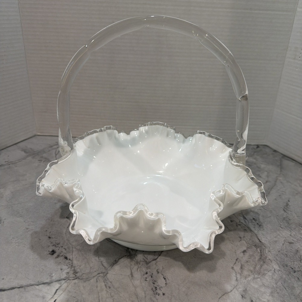 Fenton Silver Credt White Milk Glass Basket With Clear Ruffled Edges